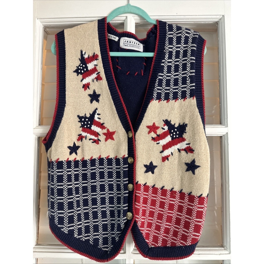 VTG 90s Sweater Vest Womens Large Americana Patriotic Stars Knit Folk USA Flag